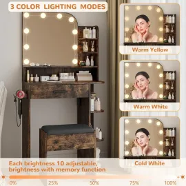 Small Makeup Vanity Desk with Mirror and Lights, Mini Vanity with Chair and Charging Station, 3 Color Lighting Modes