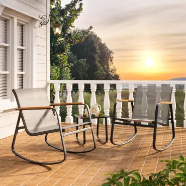 3 Pieces Patio Furniture Set, Outdoor Textilene Furniture Set with Wooden Armrests, Coffee Table with Tempered, Customized