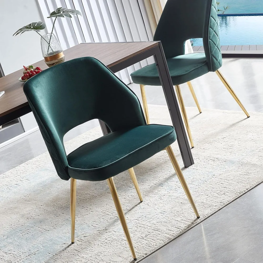 Modern Dining Chair Set of 2, Forest Green Velvet Fabric Upholstered Accent Chairs with Golden Metal Legs, Round Back Side Chair