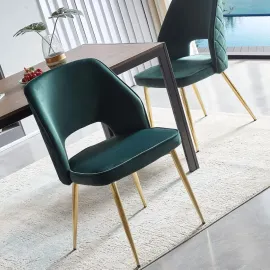 Modern Dining Chair Set of 2, Forest Green Velvet Fabric Upholstered Accent Chairs with Golden Metal Legs, Round Back Side Chair