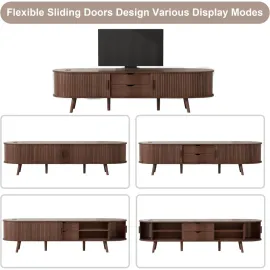 69 Mid Century Modern TV Stand with Power Outlet, Farmhouse Curved Edge TV and Media Console Table with Drawer