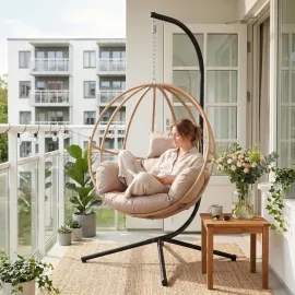 Egg Chair Outdoor, Imitation Rattan Hanging Egg Chair with Stand, Hanging Chairs with Cushions, 80