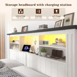 Queen Bed Frame with Headboard and Storage, LED and USB Queen Bed Frame with Storage, White