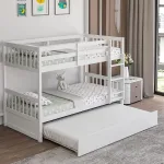Twin Over Twin Bunk Bed with Trundle, Convertible Platform Bed Frame with Ladder & Solid Wood Frame, Space-Saving Bunk