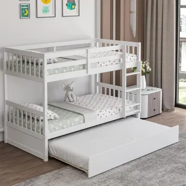 Twin Over Twin Bunk Bed with Trundle, Convertible Platform Bed Frame with Ladder & Solid Wood Frame, Space-Saving Bunk