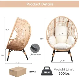 Oversized Patio Egg Chair with Waterproof Cushions, Outdoor Wicker Egg Chair, 500 LBS Capacity All-Weather Rattan, Customized