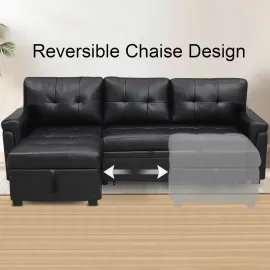 Modern Sectional Sofa, with Storage Chaise Black/Air Leather