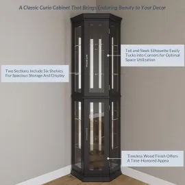 Lighted Three-sided Glass Display Cabinet with Tempered Glass Doors and Shelves, Wooden Corner Cabinet with Light Bulbs