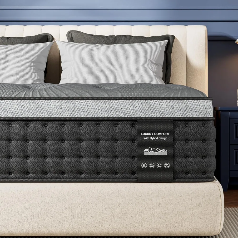 Firm Queen Mattress 14 inch, Cooling Hybrid Mattress in a Box with 5-Zone Support, Luxury Hotel-Collection Design, Customized