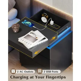 Black Nightstand with Charging Station & LED Lights, Modern Night Stand with 3 Drawers and Sliding Top, Bedside, Customized