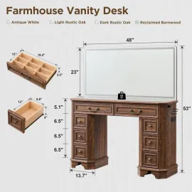 Makeup Vanity Desk with 48 HD Lighted Mirror, Farmhouse Vanity Desk with 8 Drawers, Vanity Table with 3 Color Modes