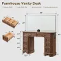 Makeup Vanity Desk with 48 HD Lighted Mirror, Farmhouse Vanity Desk with 8 Drawers, Vanity Table with 3 Color Modes
