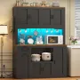 71 Pantry Cabinet with Charging Station and LED Light, Kitchen Pantry Cabinet with Microwave Stand, 47.2 Wide Kitchen