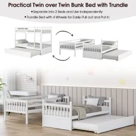 Twin Over Twin Bunk Bed with Trundle, Convertible Platform Bed Frame with Ladder & Solid Wood Frame, Space-Saving Bunk