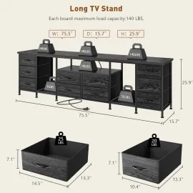 75, 80, 85 Inch TV Stand, with 10 Fabric Drawers, 75.5 W Entertainment Center with LED Lights & Power Outlets, TV Stands