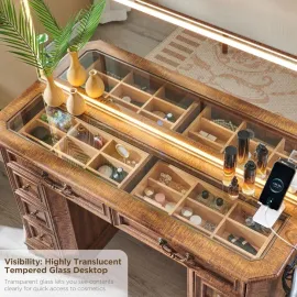 Makeup Vanity Desk with 48 HD Lighted Mirror, Farmhouse Vanity Desk with 8 Drawers, Vanity Table with 3 Color Modes