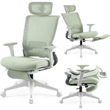 Foldable Office Chair with Footrest, Ergonomic Office Chair with Adjustable Lumbar Support, Headrest and Armrests, Green