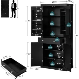 72” Kitchen Pantry Cabinet, Tall Storage Cabinet with 4 Doors and 1 Drawer, Freestanding Cupboard with 6 Hanging Shelves