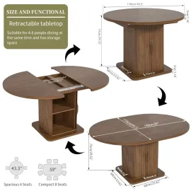 Extendable Round Dining Table for 4-6-8, 59 Inch Dining Room Kitchen Table with Storage, Fluted Wood Slide Door, Customized
