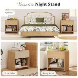 Modern Night Stand Set 2 with Storage Drawer & Open Shelves, 24