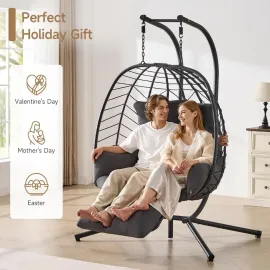Double Egg Chair with Adjustable Footrest & Stand, Rattan Hammock Swing Loveseat with Cushions & Headrests, Customized