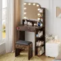 Small Makeup Vanity Desk with Mirror and Lights, Mini Vanity with Chair and Charging Station, 3 Color Lighting Modes