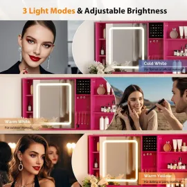 Vanity Desk with Sliding Mirror and Lights, Glass Top Makeup Vanity Table w/Glass Cabinets w/Hidden Jewelry Storage