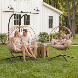 Egg Chair Outdoor, Imitation Rattan Hanging Egg Chair with Stand, Hanging Chairs with Cushions, 80