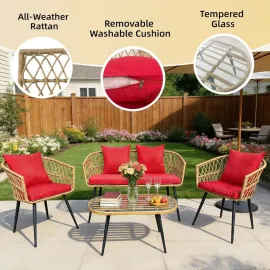 4 Piece Patio Furniture Set, Outdoor Conversation Set with Wicker Sofa, 2 Rattan Chairs and Glass Table, Patio, Customized