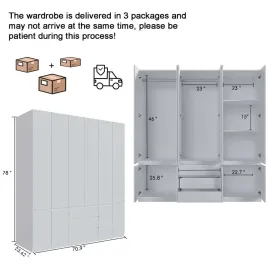 78” 6-Door Large Armoire Wardrobe Closet, Bedroom Armoire with 3 Drawers & 2 Hanging Rod, Wooden Wardrobe Closet, Customized