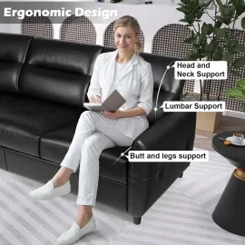 85” Black Faux Leather Couch with USB, 3 Seater Sofa Couches for Living Room, Large Mid Century Modern Office Apartment