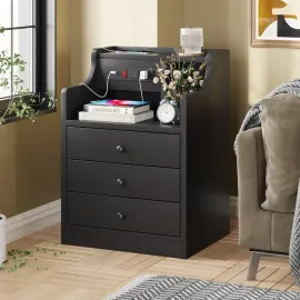 Bedside Table Set of 2 with Charging Station and Storage, Bedroom Bedside Table Set of 2
