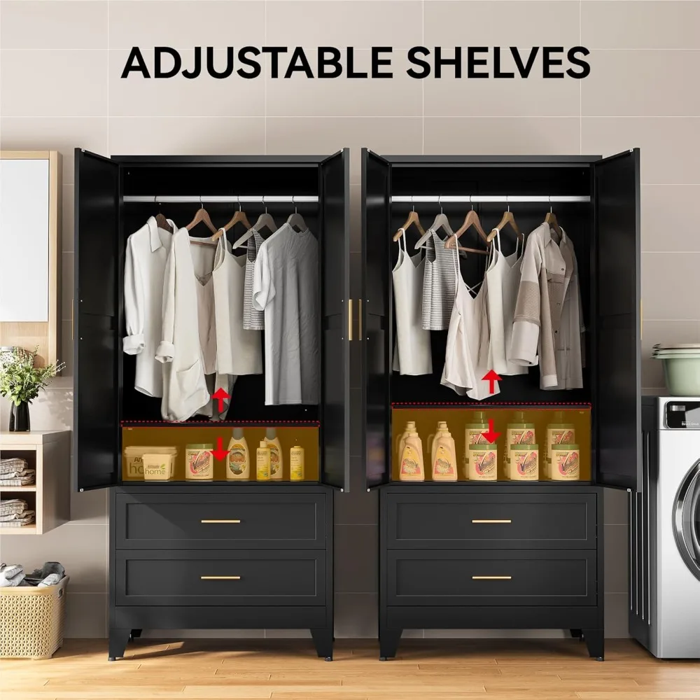 Black Metal Wardrobe Closet with 2 Drawers, 71