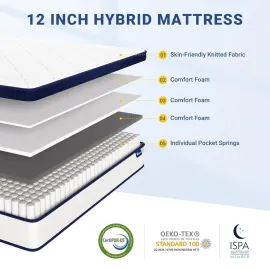 Queen Size Mattress, 12 Inch Queen Mattresses in a Box, Hybrid Spring Mattresses with Comfort Foam and Pocket Coils, Customized
