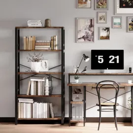 Bookshelves and Bookcases,31.5in Wide Shelf 5-Tier Ladder Shelf 110lbs/shelf Vintage Industrial Style Bookcase