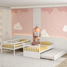 Twin Over Twin Bunk Bed with Trundle, Convertible Platform Bed Frame with Ladder & Solid Wood Frame, Space-Saving Bunk