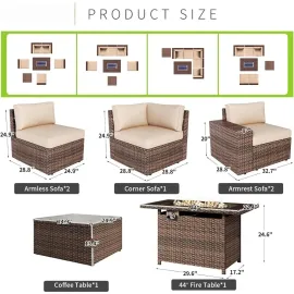 7 Piece Patio Furniture Set with 44 Inch Fire Pit Table Outdoor Wicker Parlor Set with Thick Cushions