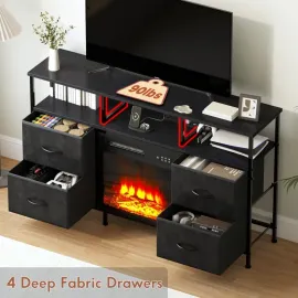 Fireplace TV Stand with 4 Fabric Drawers, TV Stand Dresser with Power Outlets and LED Lights, Fireplace Entertainment Center