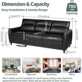 85” Black Faux Leather Couch with USB, 3 Seater Sofa Couches for Living Room, Large Mid Century Modern Office Apartment
