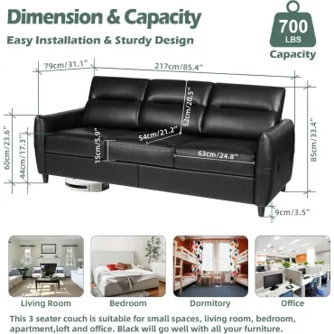 85” Black Faux Leather Couch with USB, 3 Seater Sofa Couches for Living Room, Large Mid Century Modern Office Apartment