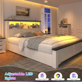 Queen Bed Frame with Headboard and Storage, LED and USB Queen Bed Frame with Storage, White