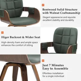 MCM Dining Chair Set of Two, Swivel Faux Leather Dining Chairs with Arms and Curved Back, Bentwood Structure, Walnut Finish