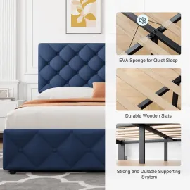 King Size Bed Frame with 4 Storage Drawers and Adjustable Headboard, Faux Leather Upholstered Platform, Customized