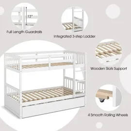 Twin Over Twin Bunk Bed with Trundle, Convertible Platform Bed Frame with Ladder & Solid Wood Frame, Space-Saving Bunk