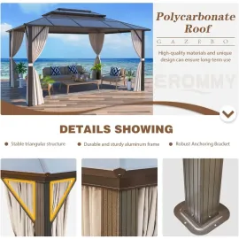 10' x 13' Gazebo Polycarbonate Double Roof Canopy Outdoor Aluminum Frame Pergola, Permanent Pavilion with Netting