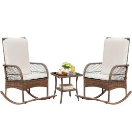 Outdoor Rocking Chairs 3 Piece Patio Furniture Set with Side Table & Cushions, Wicker Porch Rocker Bistro Set High, Customized