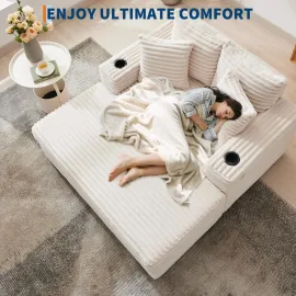 60 inch Oversized Chaise Lounge Chair Indoor, Upholstered Chaise Lounge with Cup Holder, Throw Pillows, Customized