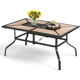 Outdoor Dining Table for 6, Rectangular Metal Wrought Iron Table with Polywood Tabletop and Umbrella Hole, Large Heavy