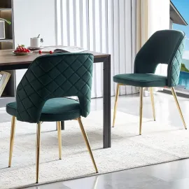 Modern Dining Chair Set of 2, Forest Green Velvet Fabric Upholstered Accent Chairs with Golden Metal Legs, Round Back Side Chair