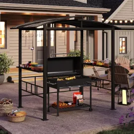 8x5 FT Hardtop Grill Gazebo, Outdoor Double-Tiered Barbecue Canopy with Vented Polycarbonate Roof, 2 Side Shelves